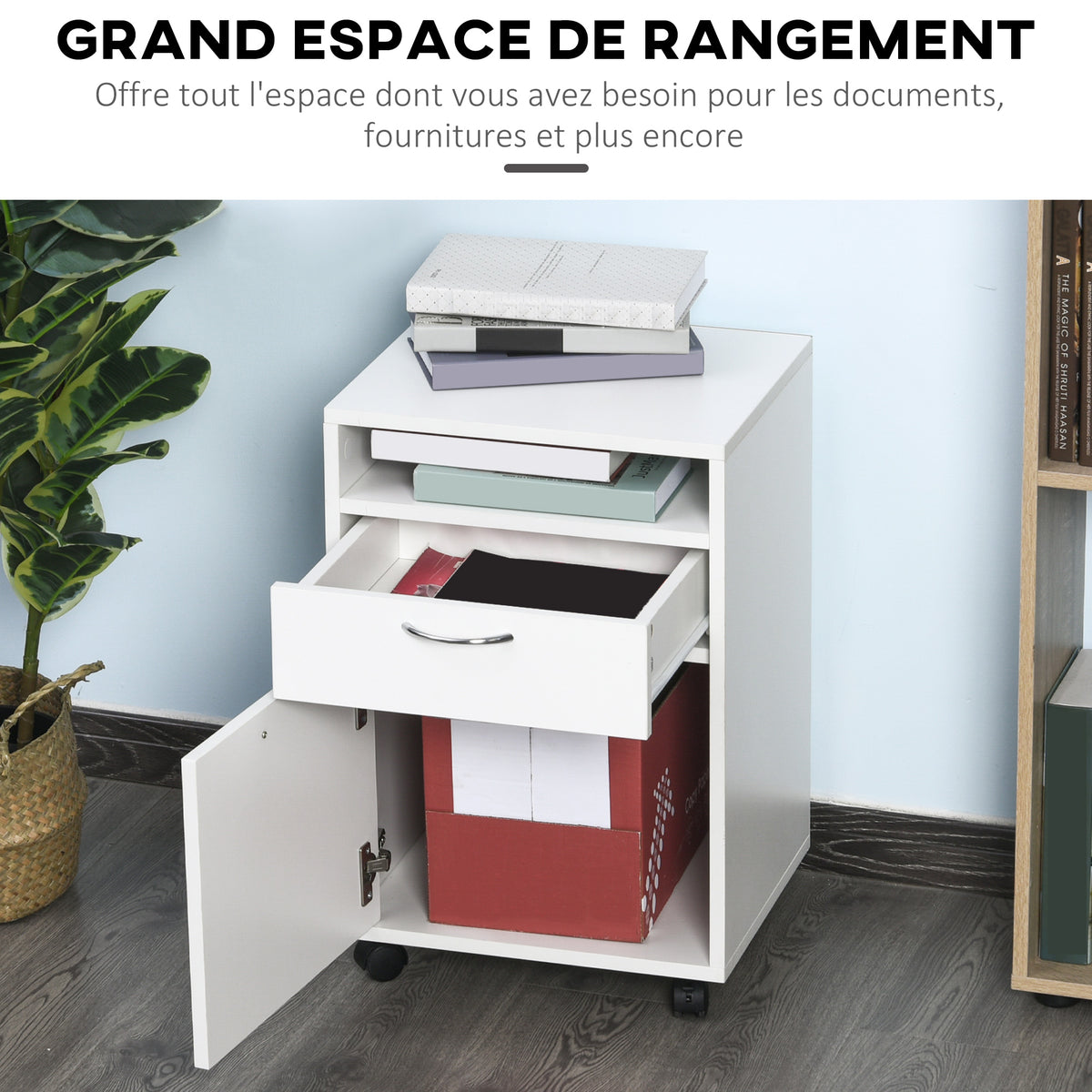 Lot de 2 caissons de bureau rangement de bureau sur roulettes tiroir placard niche panneaux particules blanc-3