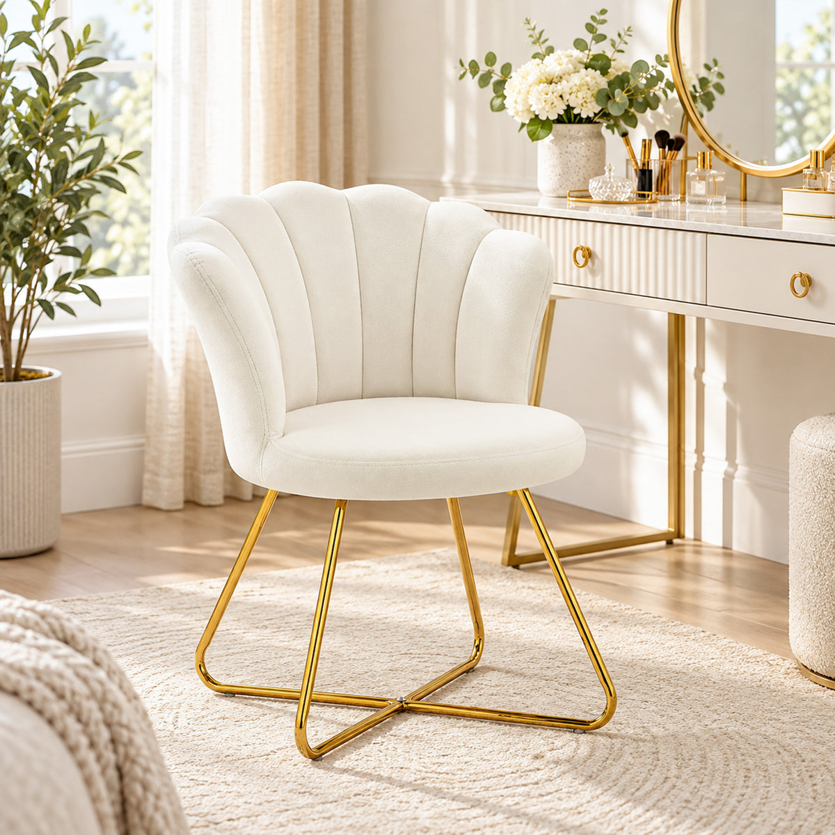 Fauteuil coquillage chaise coiffeuse fauteuil en velours fauteuil de salon avec pieds en acier 69 x 64 x 80 cm crème-9