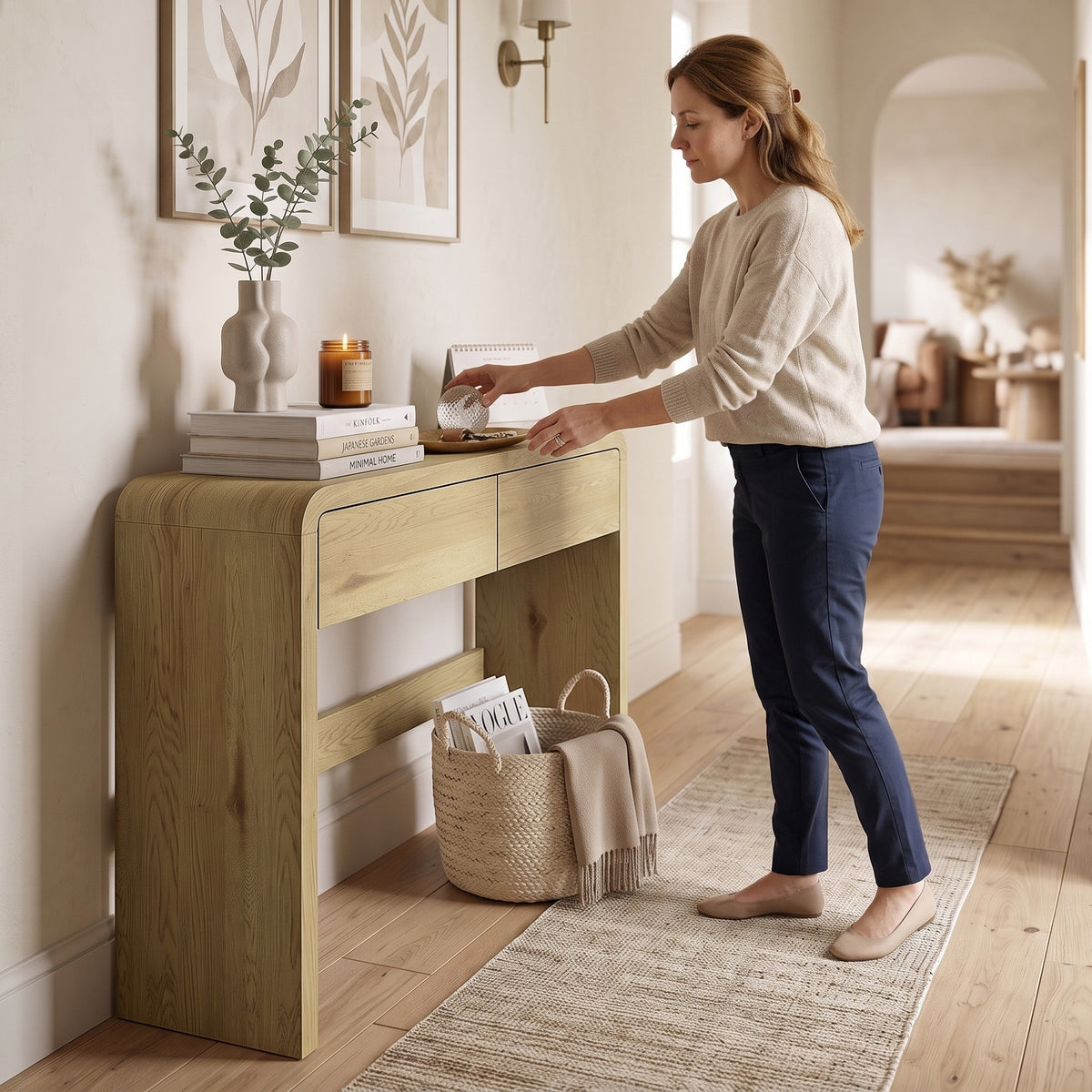 Table Console avec 2 Tiroirs, Console Meuble, 100 x 30 x 85 cm, Coins Arrondis et Plateau Épais, Bois Naturel-9