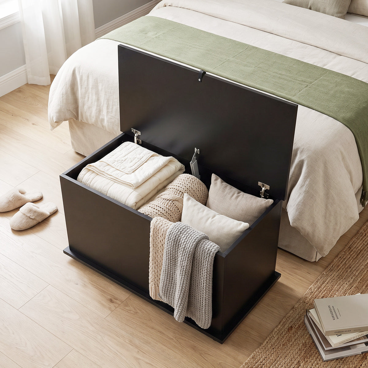 Coffre de Rangement, Banc de Rangement avec Couvercle Rabattable et Charnières de Sécurité, 80 x 40 x 45 cm, Noir-7