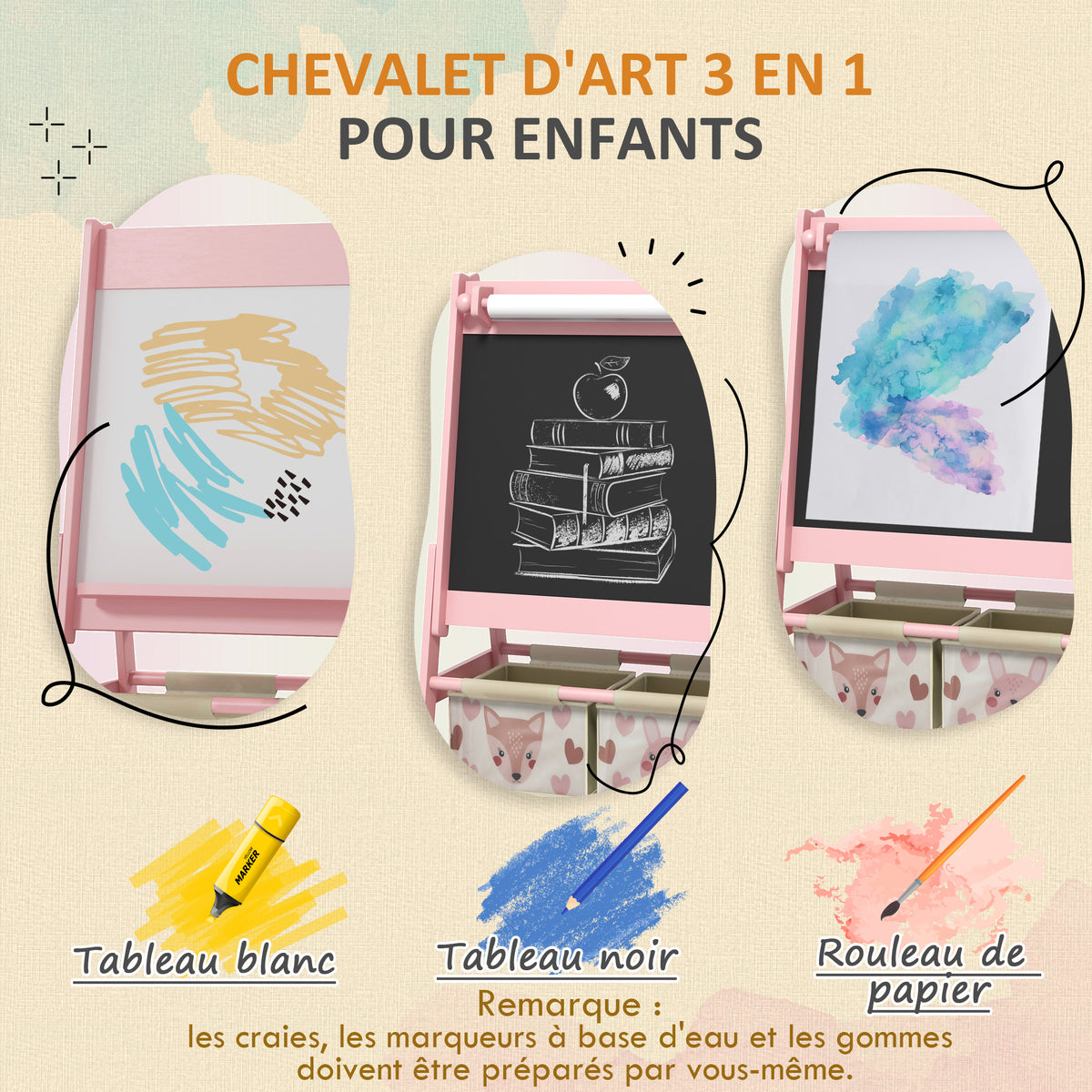 Tableau chevalet double-face rouleau papier 2 paniers + meuble à jouets de rangement à 6 boîtes, 63 x 30 x 66 cm, rose-3