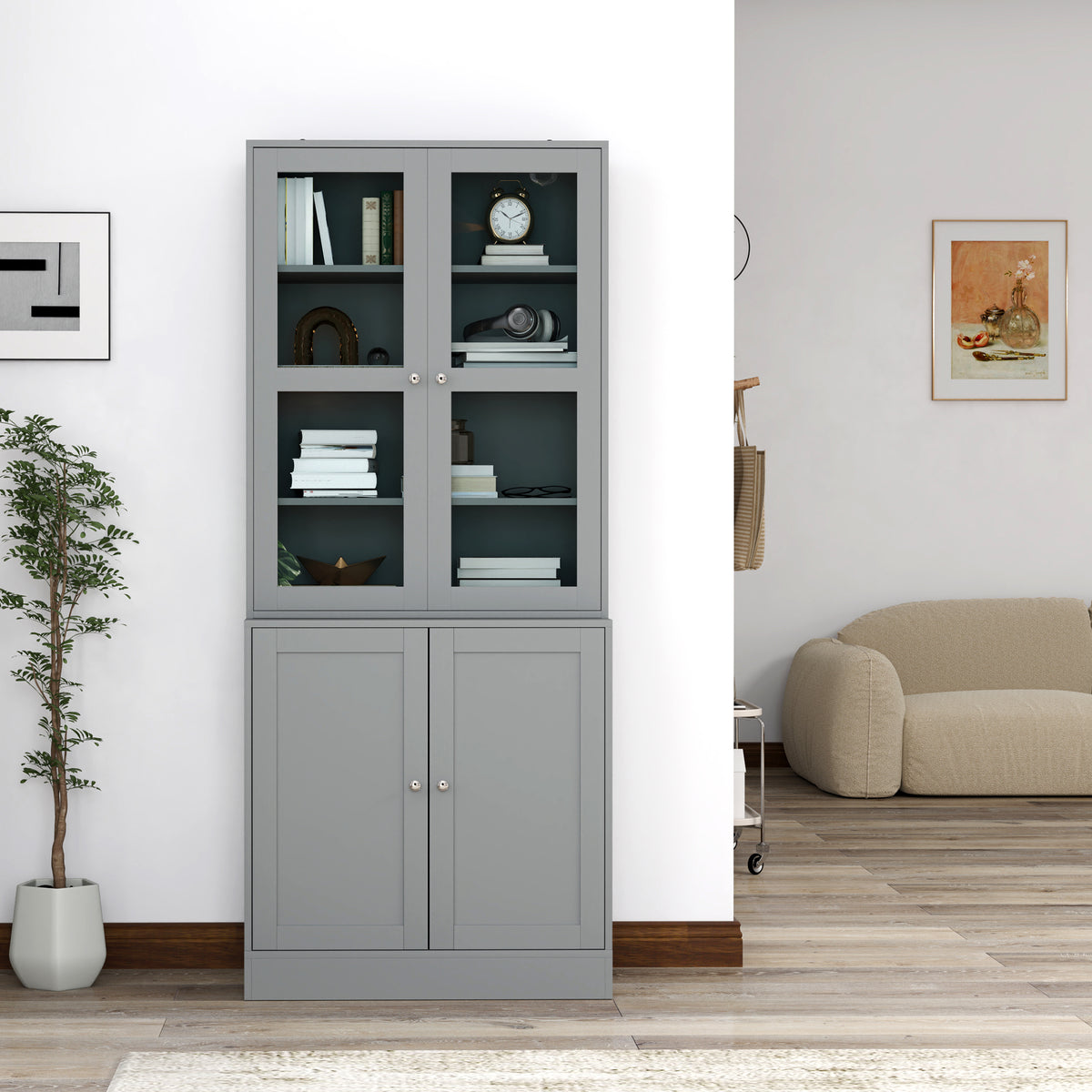 Bibliothèque vitrine, meuble de rangement à 6 niveaux avec 4 portes dont 2 en verre trempé, étagères réglables, gris-7