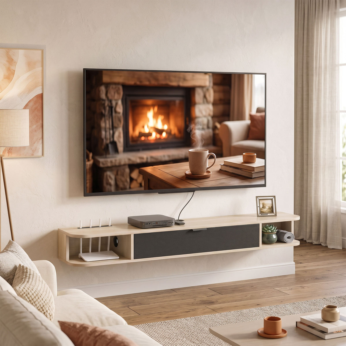 Meuble TV suspendu, meuble télé pour téléviseur jusqu'à 60 pouces, tiroir rabattable 2 étagères 140x24x16cm bois naturel-1