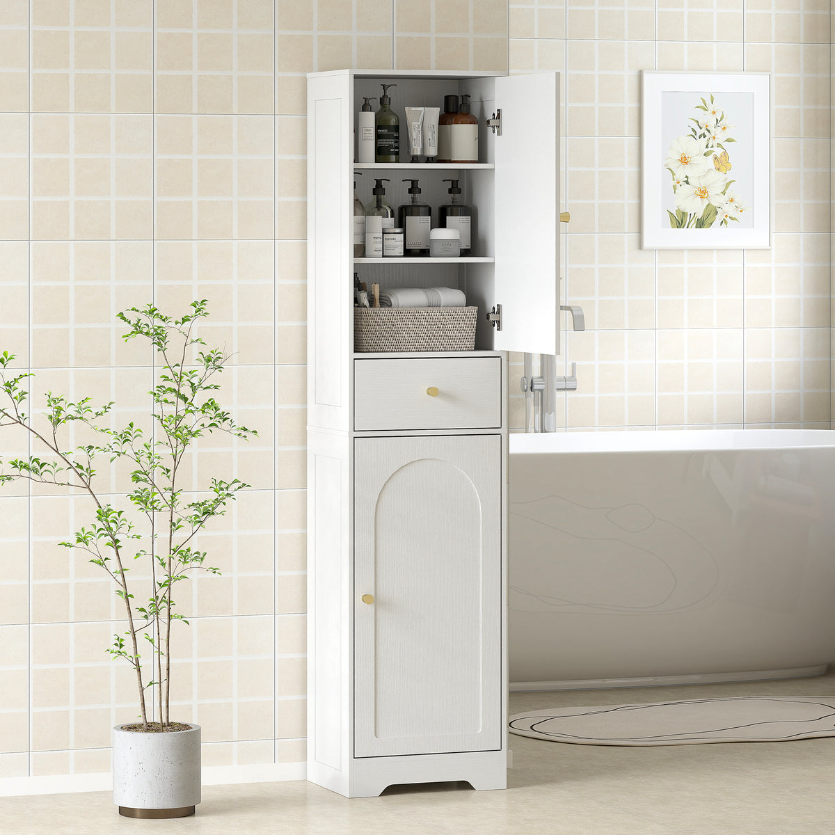 Armoire salle de bain haute meuble de rangement colonne avec placards tiroir et étagères réglables 40x29,5x170cm blanc-1