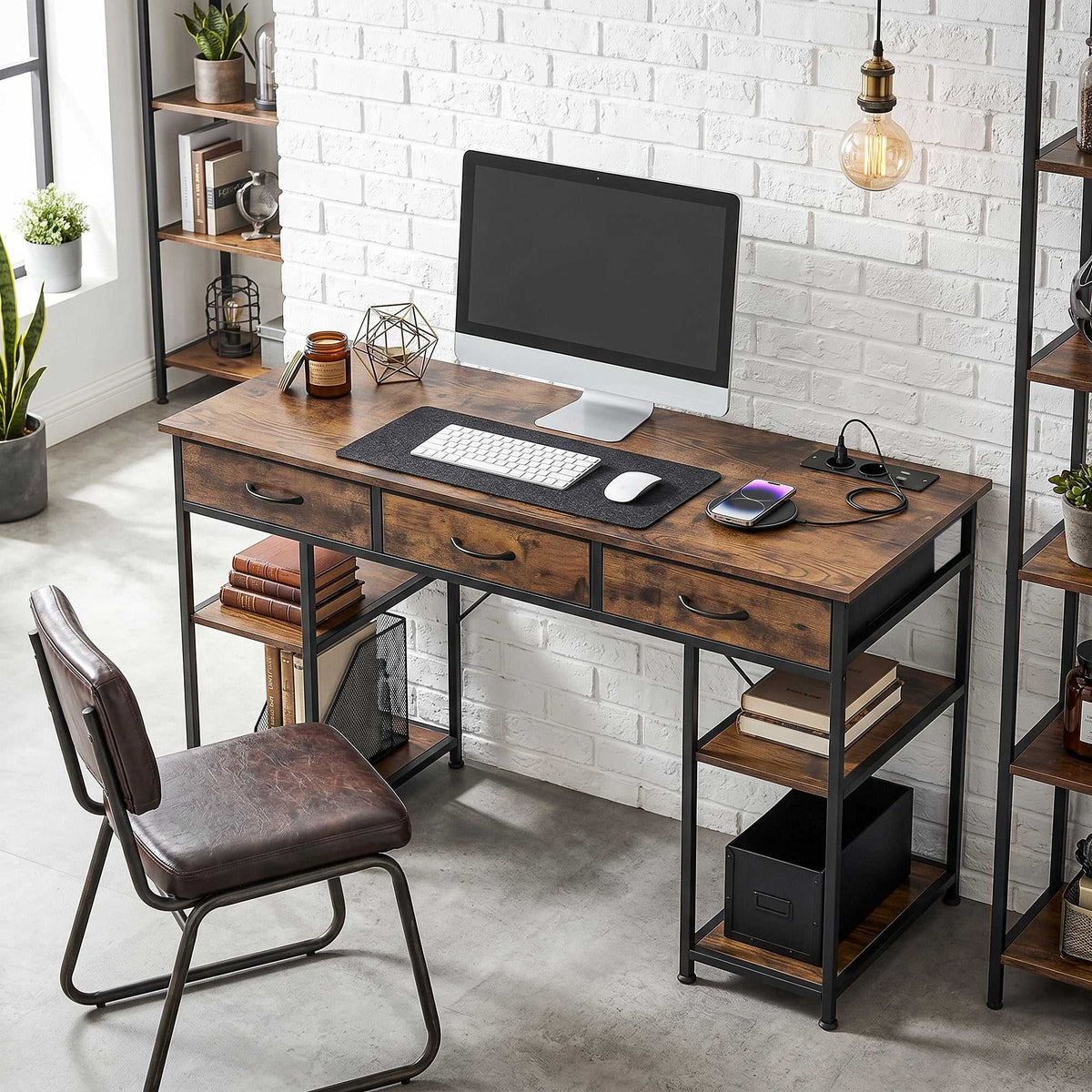 Bureau avec rangement avec prises de courant, 3 tiroirs en tissu et 4 étagères de rangement, 120 x 40 x 76 cm, marron-1