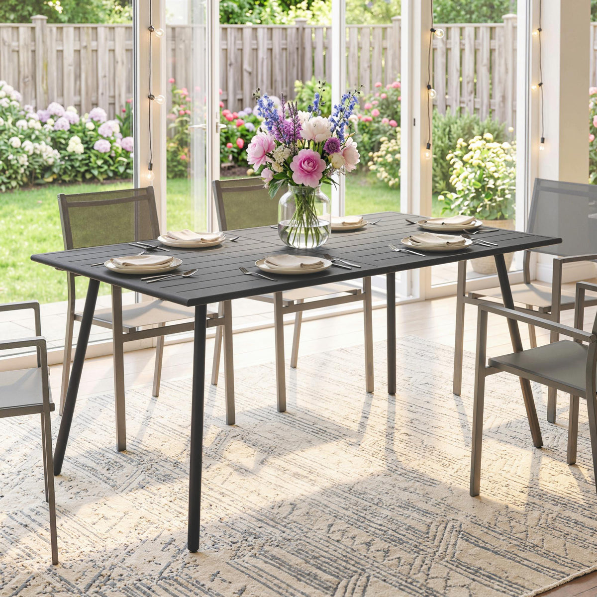 Table à manger de jardin pour 6 personnes avec plateau à lattes pour jardin, patio, terrasse, 150 x 80 x 74 cm, gris-7