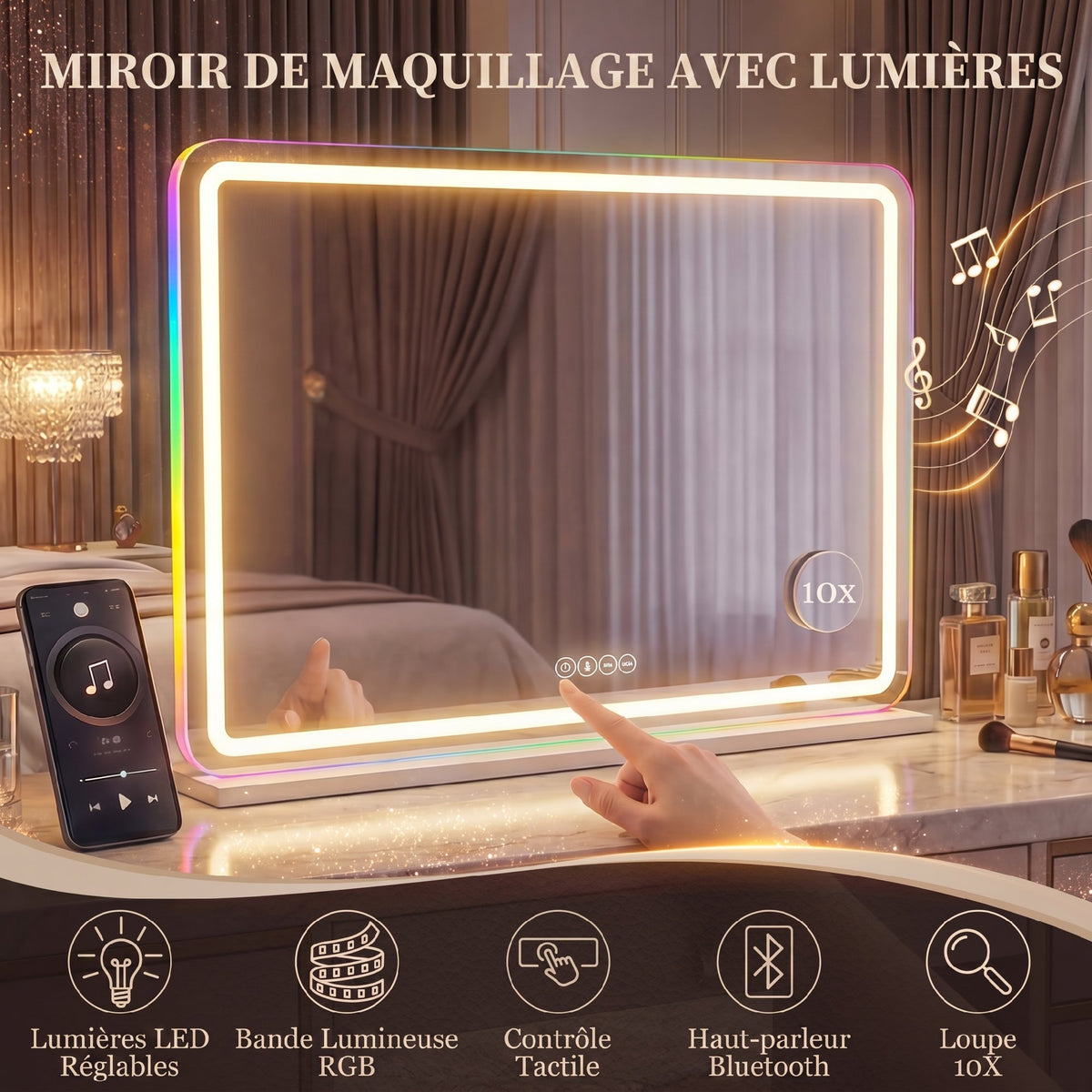 Miroir maquillage lumineux 80x60cm, miroir coiffeuse LED dimmable, lumière RGB, 3 températures de couleur, blanc-3