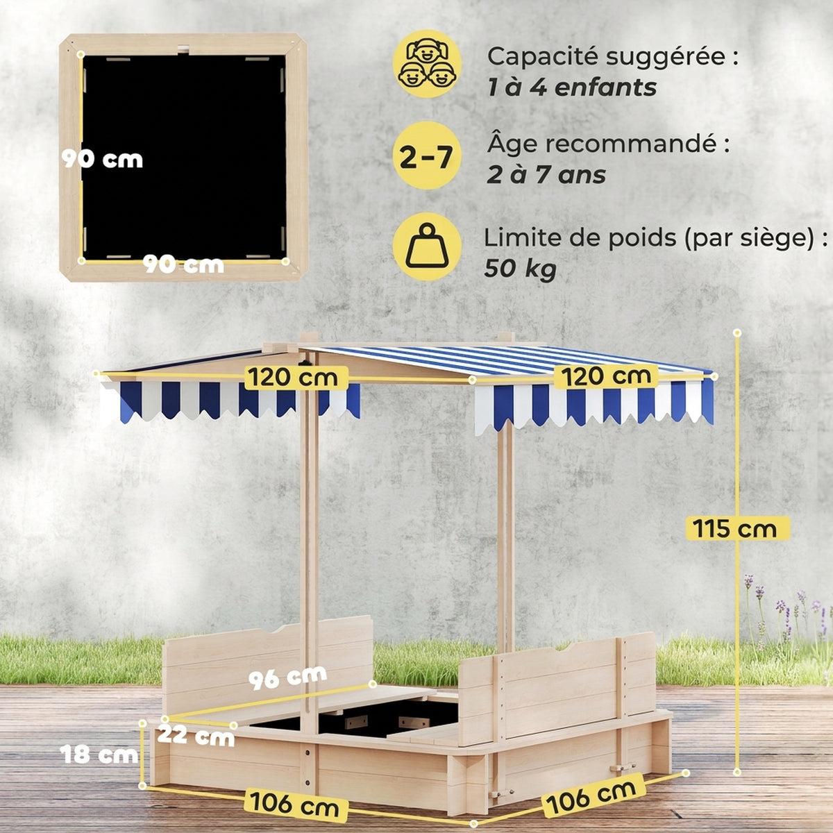 Bac à sable carré en bois pour enfants dim. 106L x 106l cm avec bancs et couvercle - auvent réglable-2