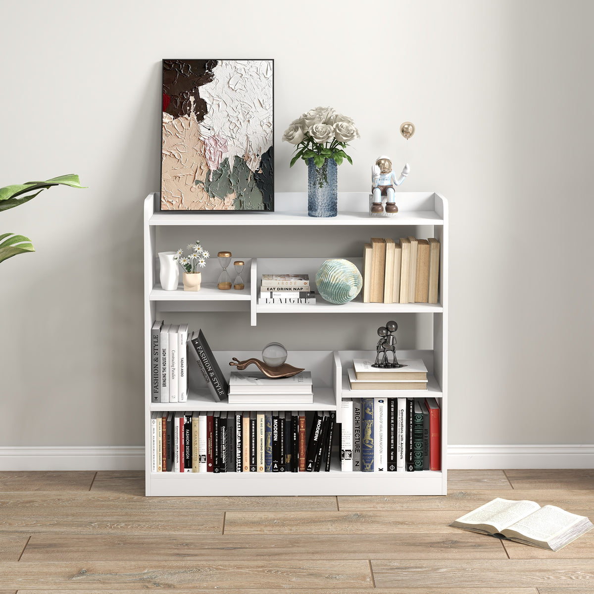 Bibliothèque étagère Meuble de Rangement dim. 90L x 24l x 91H cm 4 Niveaux 3 Panneaux arrières Panneaux de Particules Blanc-6