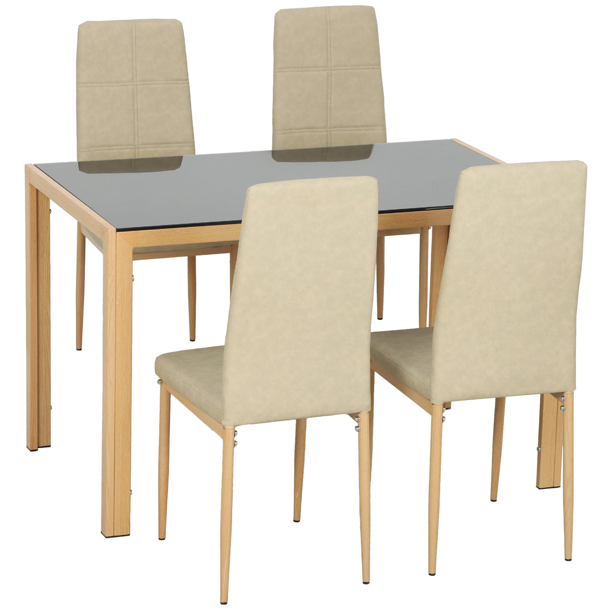 Ensemble Table à Manger avec 4 Chaises en Cuir Synthétique, Plateau Rectangulaire en Verre Trempé, 120x70x75cm, Naturel-0