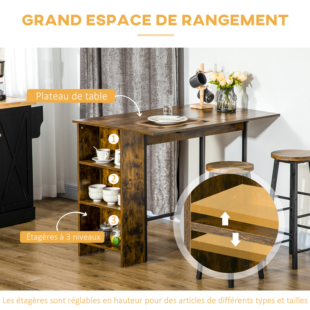 Ilot centra table de bar plateau latéral rabattable et 3 étagères 120 x 76 x 91,4 cm Brun Rustique-4