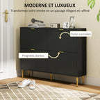 Meuble à chaussures 20 paires avec 4 tiroirs rabattables, portes cannelées et étagères réglables, 105x24x91,5cm, noir-3