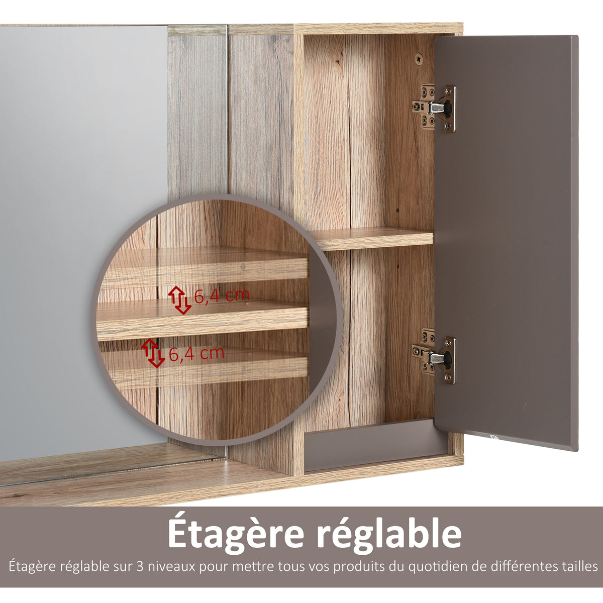 Miroir de Salle de Bain avec étagère et Placard - système Fixation intégré - Panneaux Particules chêne Clair Gris-4