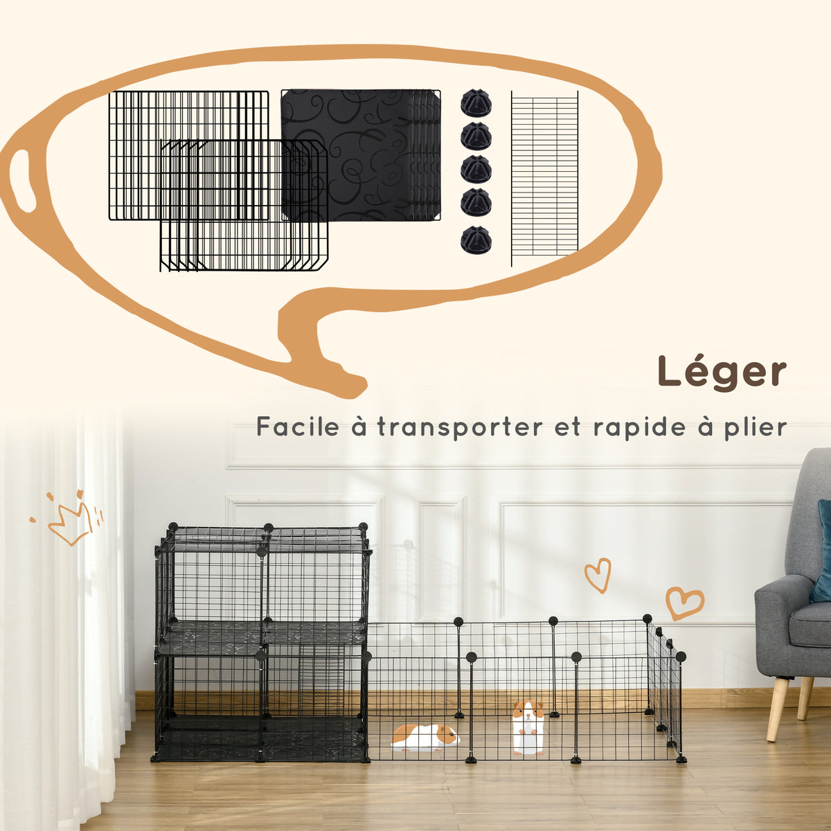 Parc enclos modulable DIY, 2 niveaux, enclos pour petits animaux, hamsters, lapins, cochon d'inde, panneaux grillagés, 45 panneaux, 175 x 105 x 70 cm, noir-6