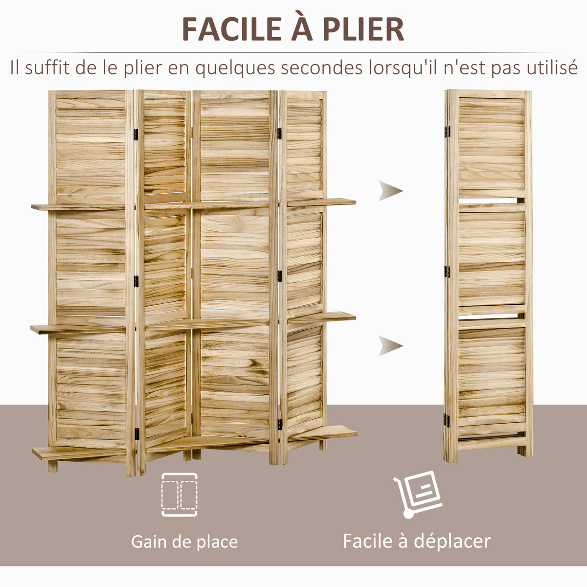 Paravent intérieur 4 panneaux 3 étagères pliables portes persiennes bois de paulownia aspect pin autoclave-3
