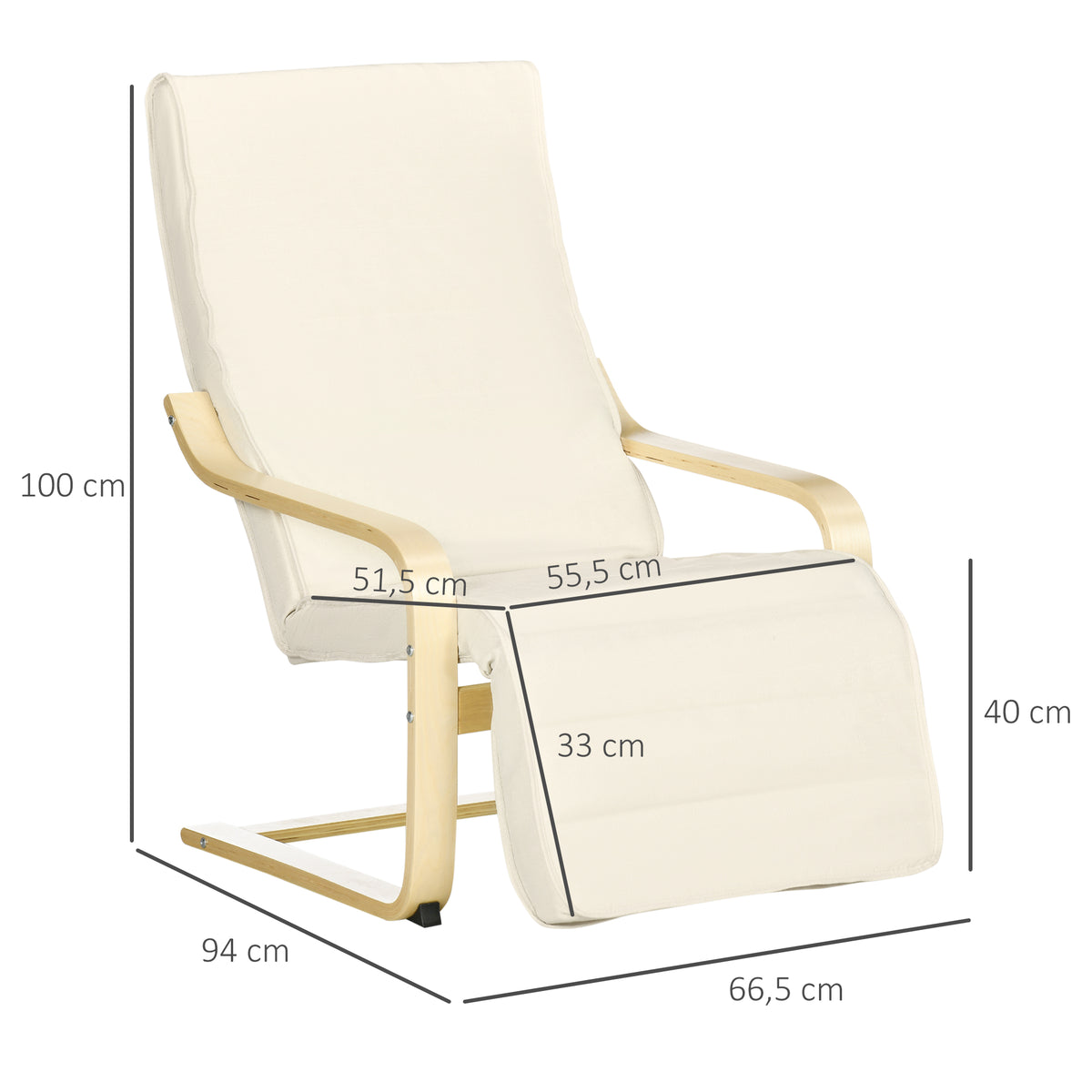 Fauteuil Relax Confort et Relaxation avec Repose-Pied réglable déhoussable 94 x 66,5 x 100 cm cm Bois Massif Crème-2
