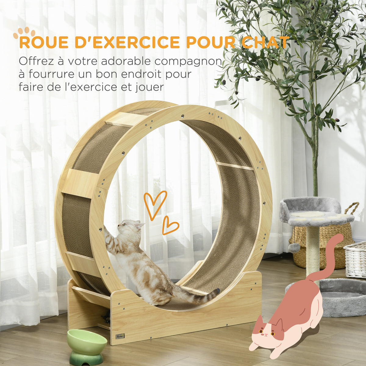 Roue de course pour chat d'intérieur tapis roulant avec frein coussins de grattage diamètre 91 cm naturel-3