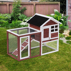 Clapier cage à lapins multi-équipé : niche supérieure avec rampe, plateau excrément, fenêtre + enclos extérieur sécurisé 2 portes 123,5L x 62,6l x 92,5H cm rouge brique-1