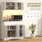 Buffet cuisine meuble cuisine rangement haut avec lumière LED RGB, plan de travail, 6 portes, 2 tiroirs, blanc-4
