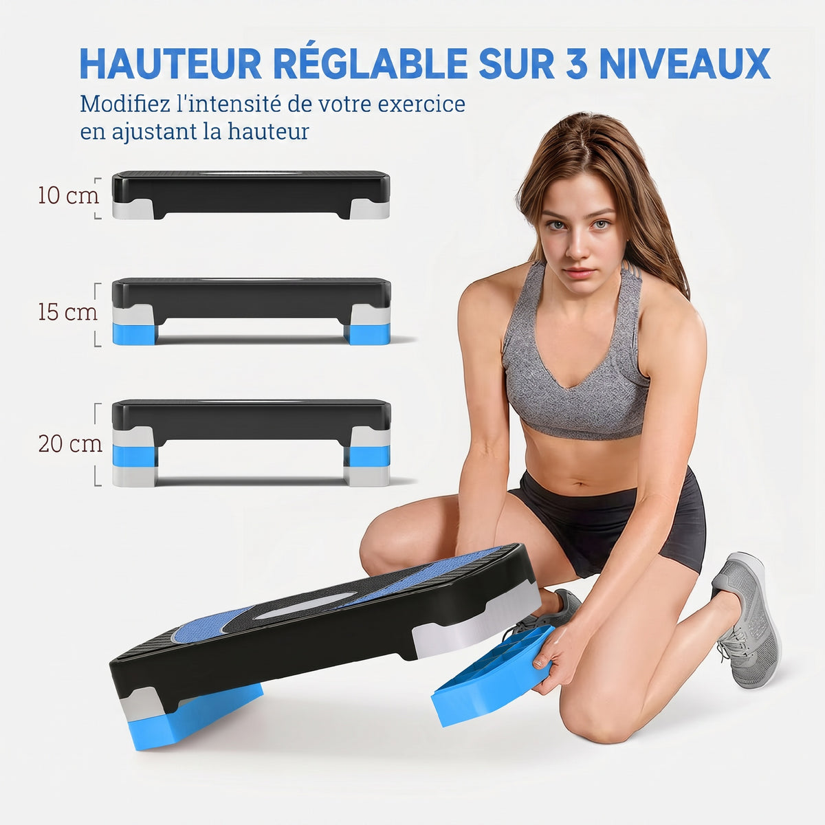Stepper Fitness Aérobic hauteur réglable 10/15/20 cm surface antidérapante 80 x 31 x 20 cm noir bleu-3