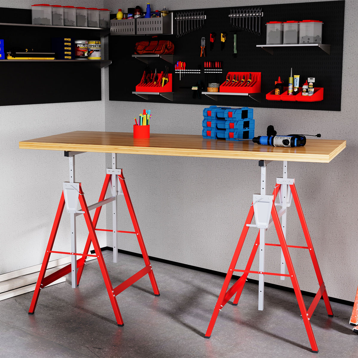 Lot de 2 tréteaux pliables télescopiques hauteur réglable 80-130 cm rouge-1