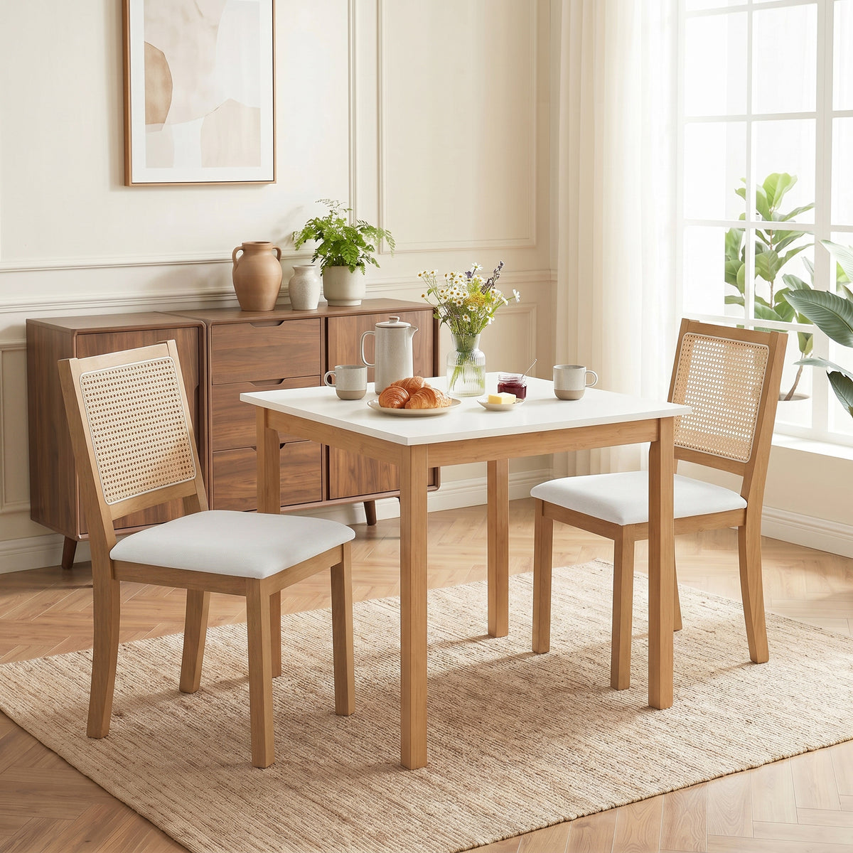Lot de 2 chaises de salle à manger, chaises de cuisine avec assise rembourrée, dossier effet rotin, crème et chêne-7