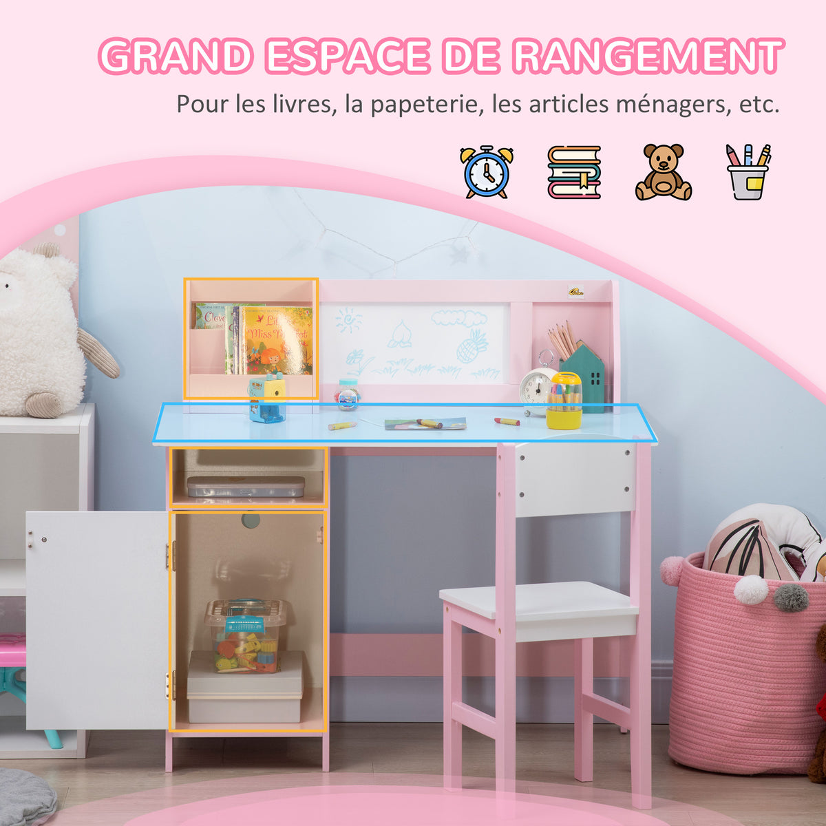 Ensemble table et chaise pour enfant avec tableau blanc - bureau pour enfant +5 ans - 90L x 45l x 85H cm rose-3