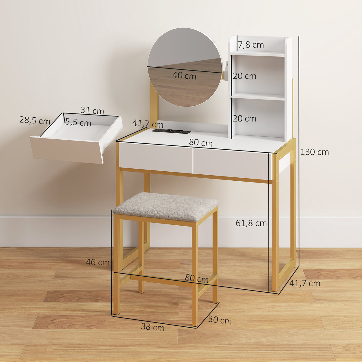 Coiffeuse avec miroir et tabouret, station de charge, table de maquillage avec 2 tiroirs, 3 étagères ouvertes, blanc-2