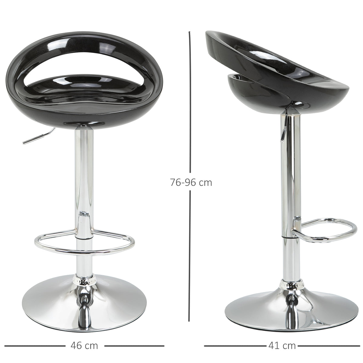 Lot de 2 tabourets de bar chaises de bar hauteur réglable dossier et repose-pieds pivotant à 360° 46x41x76-96cm noir-2