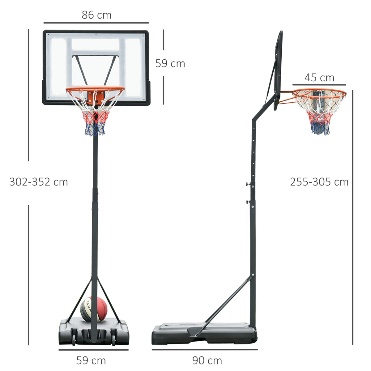 Panier de Basket extérieur avec poteau panneau, base de lestage sur roulettes hauteur réglable 2,55 - 3,05 m (panier) usage intérieur extérieur noir blanc-2
