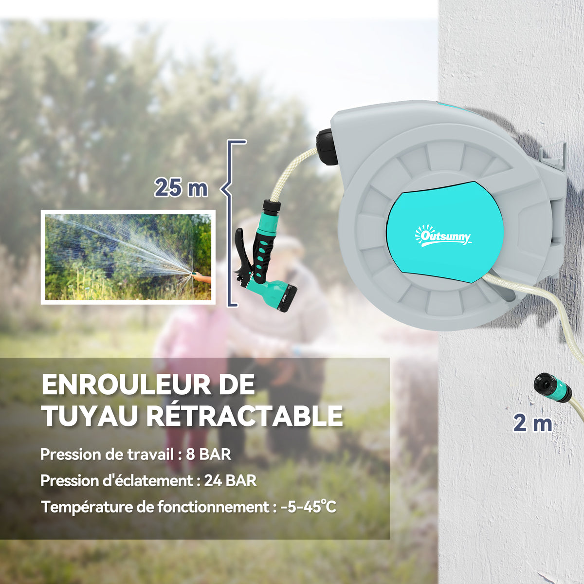Enrouleur tuyau arrosage dévidoir de tuyaux d'eau 25+2 m support mural + poignée pivotant à 180° 55 x 20 x 42 cm gris-3