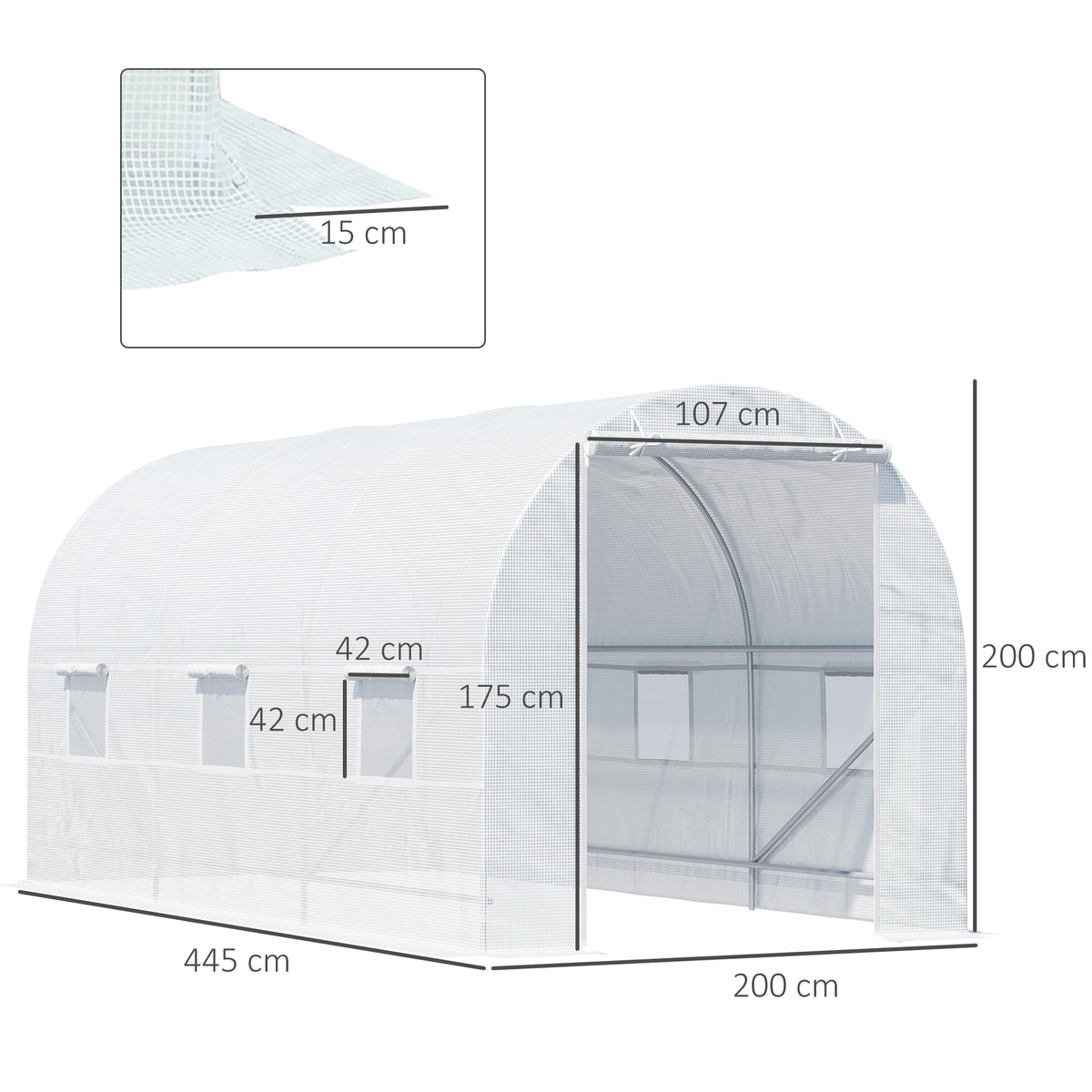 Serre tunnel de jardin 9m², serre de jardin tunnel avec porte et 6 fenêtres, bâche PE 140 g/m² 445 x 200 x 200 cm blanc-2