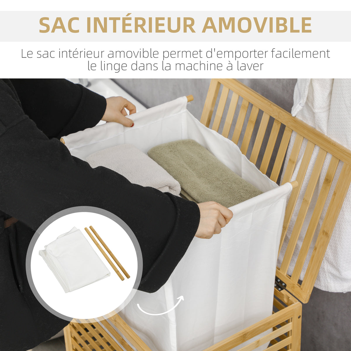 Panier à linge sale en bambou avec sac en polyester et coton amovible et couvercle - dim. 50L x 36l x 60H cm naturel-4