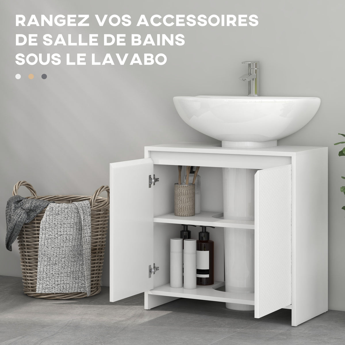 Meuble sous vasque 2 portes avec étagère réglable armoire de rangement pour lavabo 60l x 30P x 60H cm blanc-4