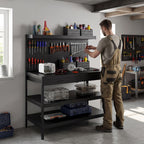 Établi d'Atelier, Charge Max. 272 kg, 122x61x156 cm, Panneau Perforé, 2 Tiroirs et 2 Étagères Réglables, Noir-7