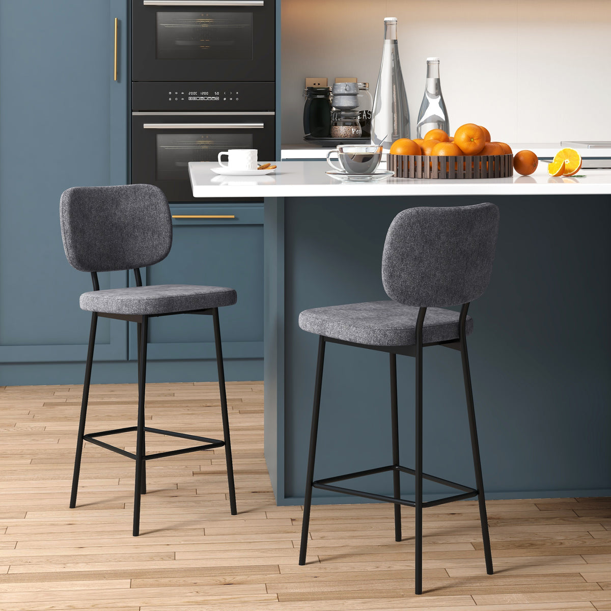 Lot de 2 tabourets de bar chaises hautes chaises de cuisine avec repose-pieds et dossier en tissu de lin et acier-1