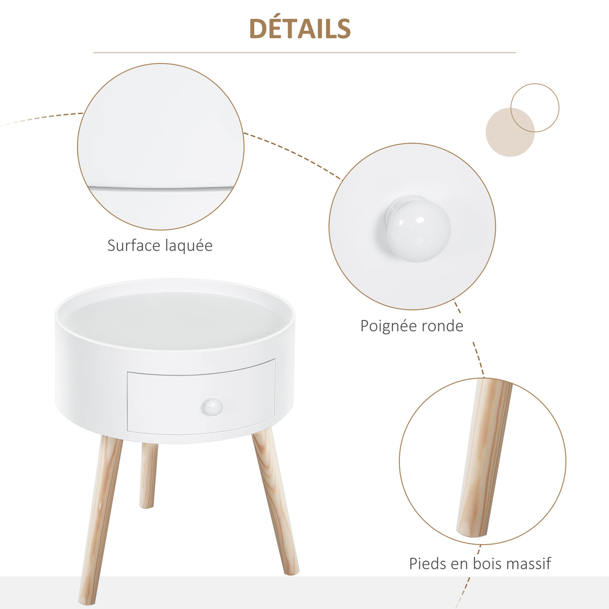 Table basse - table de chevet - table de nuit ronde - design scandinave table d'appoint bout de canapé avec tiroir pieds effilés inclinés bois massif chêne clair blanc-3