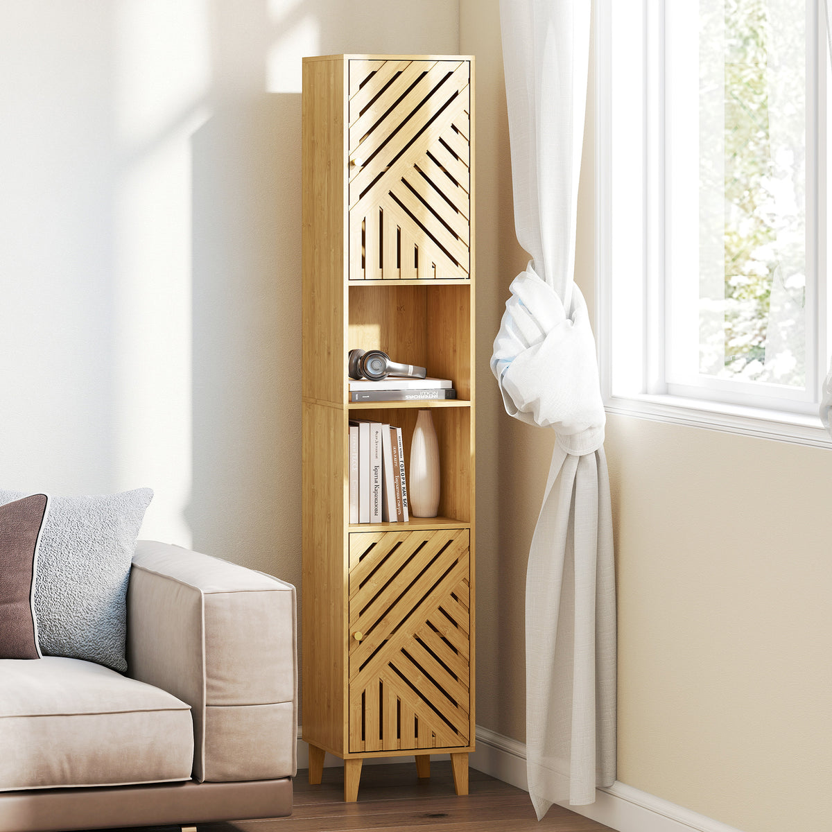 Armoire salle de bain, meuble de rangement colonne, portes en bambou, étagères réglables, 32x30x170cm, bois naturel-8