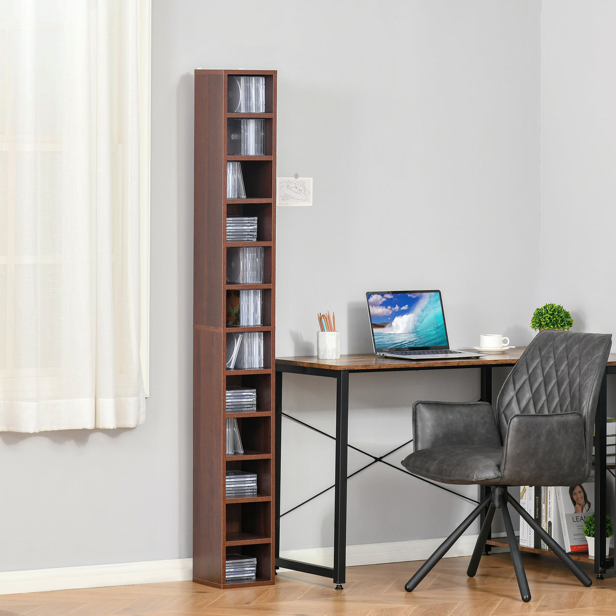 Rangements pour CD et DVD, étagère colonne de rangement, meuble de rangement avec 12 compartiments, capacité max. 204 CD, 21 x 20 x 175 cm, marron-1