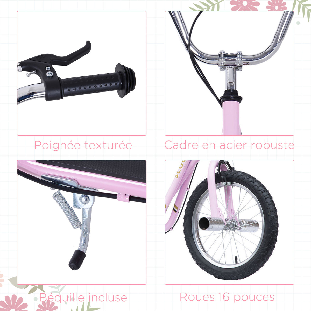 Trottinette patinette Grandes Roues pneumatiques Ø 41 cm avec pegs Rose-4