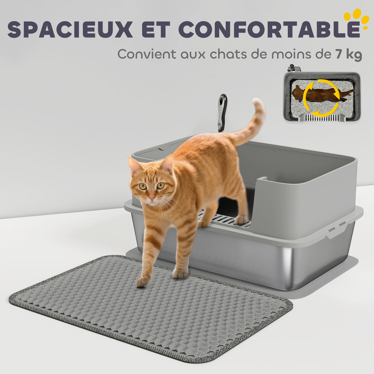 Bac à litière XL en acier inoxydable, maison de toilette pour grand chat, nettoyage facile 60,2 x 40,2 x 29,5 cm, gris-6