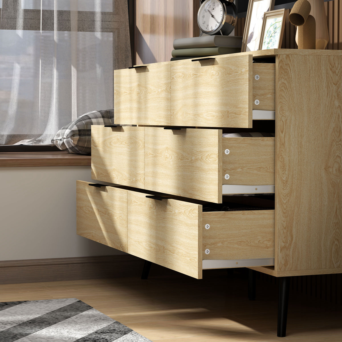 Commode 6 tiroirs Commode moderne pour chambre à coucher avec design anti-basculement 110L x 40l x 75H cm Aspect bois-7