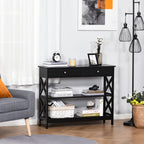 Table de console table d'entrée style table de drapier néo-rétro 2 tiroirs 2 étagères dim. 100L x 30,5l x 80H cm en bois noir-1