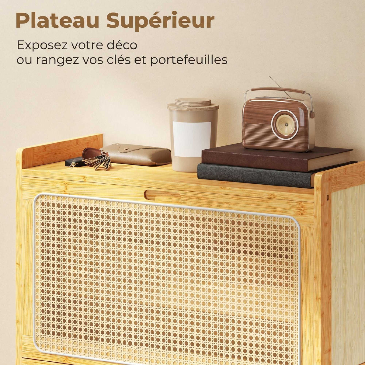Meuble à chaussures 14 paires, armoire à chaussures 2 tiroirs rabattables, étagères réglables, 69x29x83cm, bois naturel-6