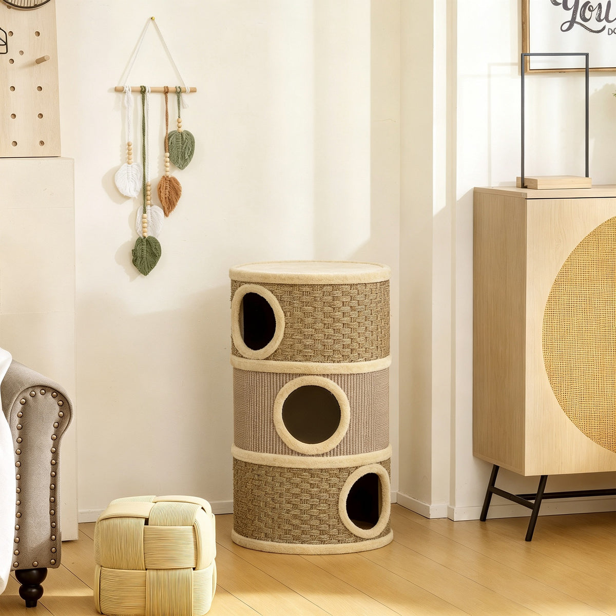 Tonneau à Gratter pour Chat Arbre à Chat Sisal Naturel et Herbiers Marins Recouvert de Peluche 45 x 45 x 79cm Kaki Café-1