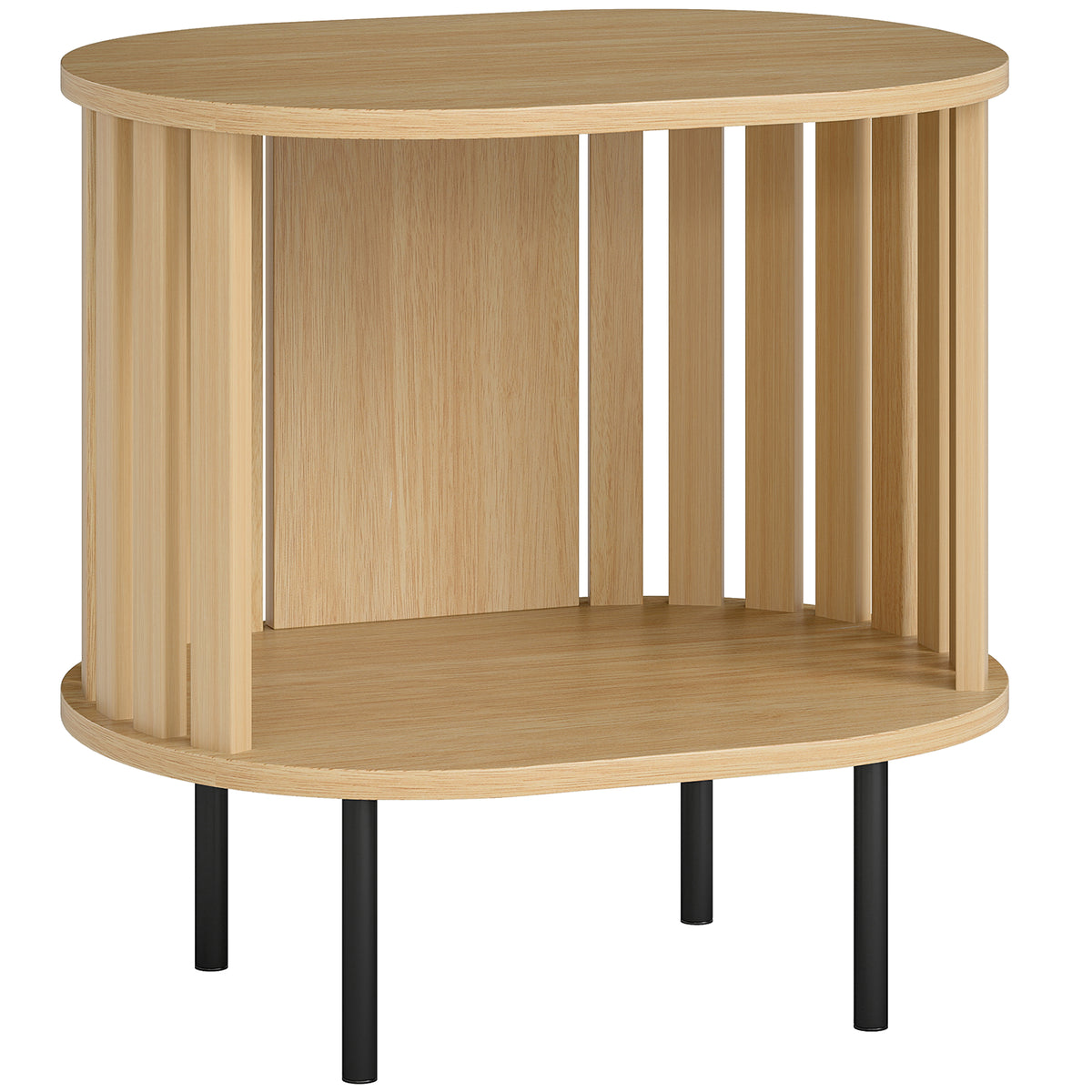 Table d'appoint ovale bout de canapé rangement ouvert pieds en acier design à lattes 50x39x50cm effet bois naturel-0