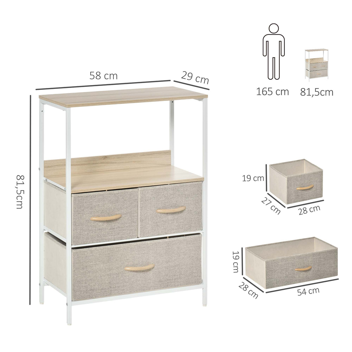 Commode meuble de rangement avec 3 tiroirs tissus, étagère et plateau supérieur, 58L x 29P x 81,5H cm-2