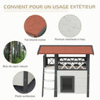 Cabane Chat Extérieur avec Terrasse, Escalier, Toit, Niche Villa, 77 x 50 x 73 cm Blanc et Rouge-4