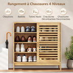 Meuble à chaussures en bambou 16 paires, armoire à chaussures, 2 portes coulissantes, étagères réglables, bois naturel-3