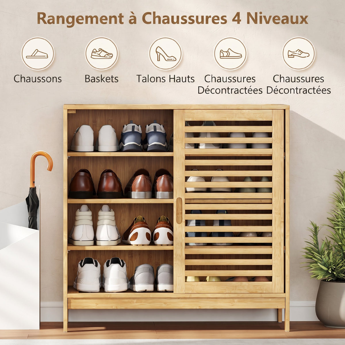 Meuble à chaussures en bambou 16 paires, armoire à chaussures, 2 portes coulissantes, étagères réglables, bois naturel-3